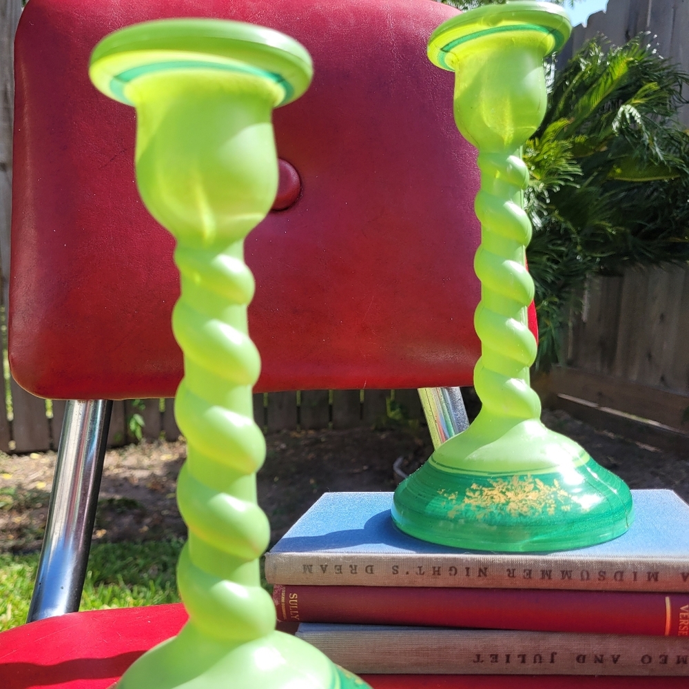 Vintage jade glass barley twist candlestick holders with gold floral accents